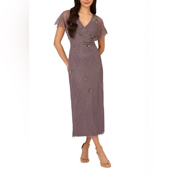 Adrianna Papell Beaded Ankle Length Dress With Sheer Flutter Sleeves Dress - Picture 1 of 3